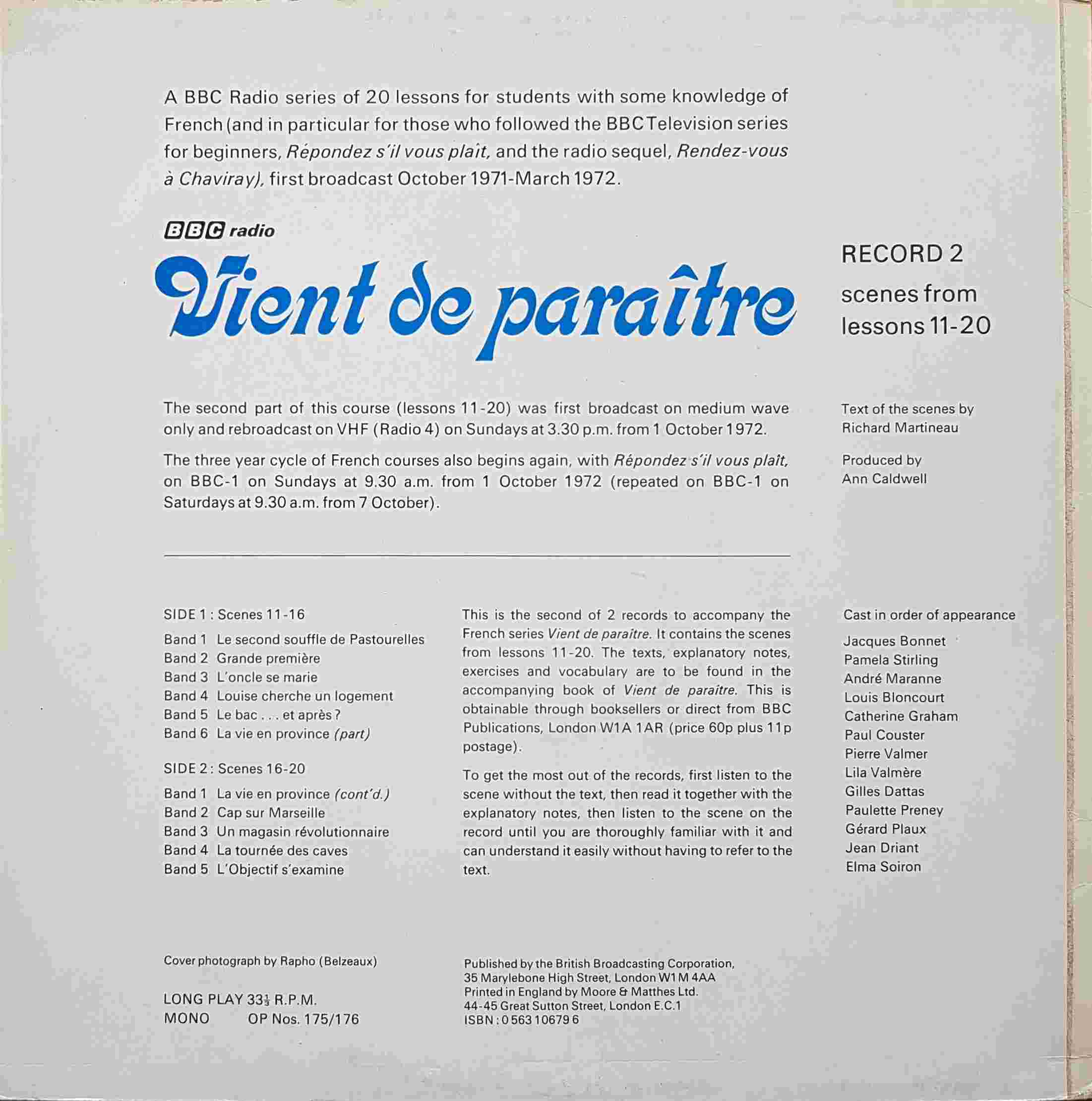 Picture of OP 175/176 Vient de paraitre - A BBC radio French series - Record 2 - Lessons 11 - 20 by artist Richard Martineau from the BBC records and Tapes library